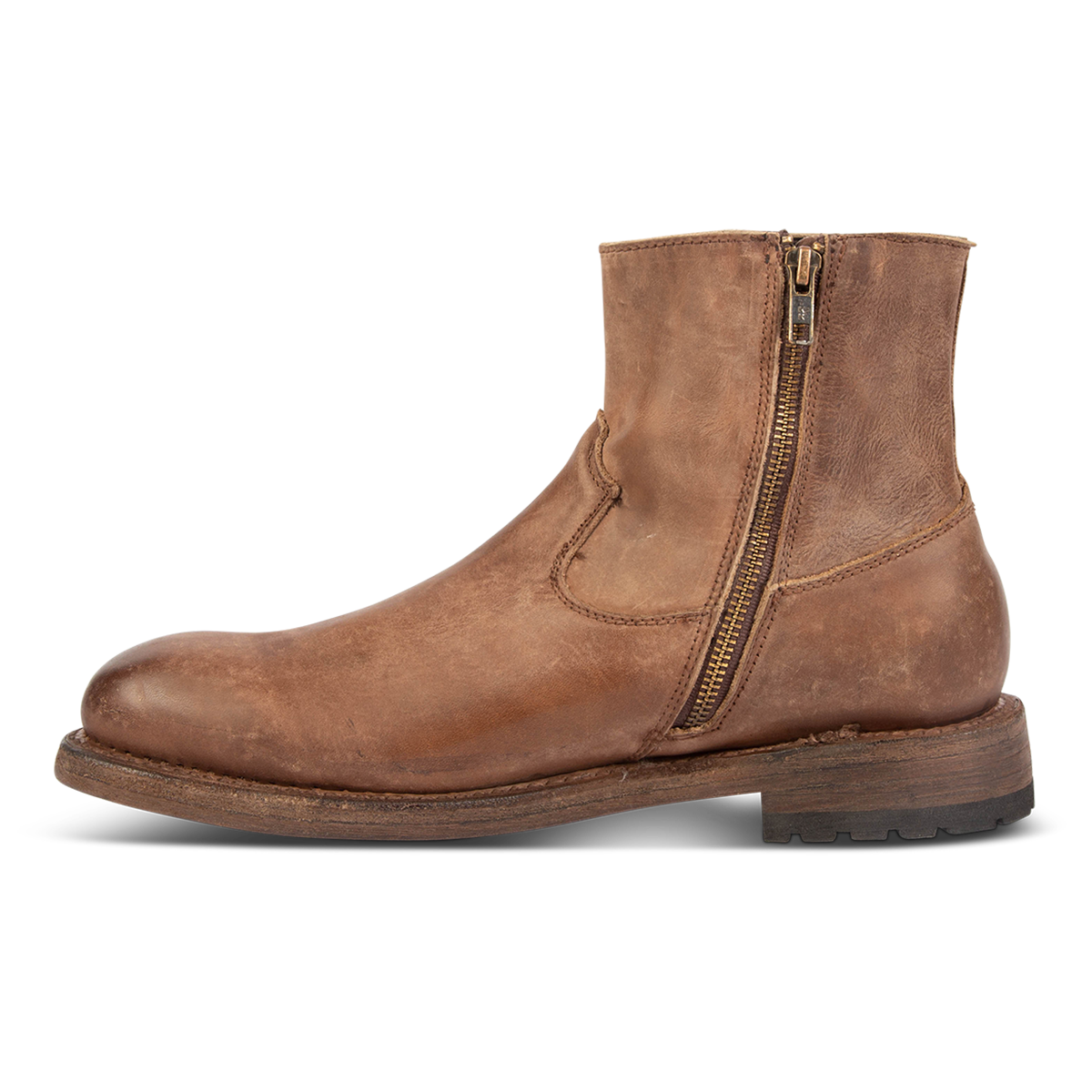 Inside view showing working zip closure and stitch detailing on FREEBIRD men's Pueblo tan ankle boot