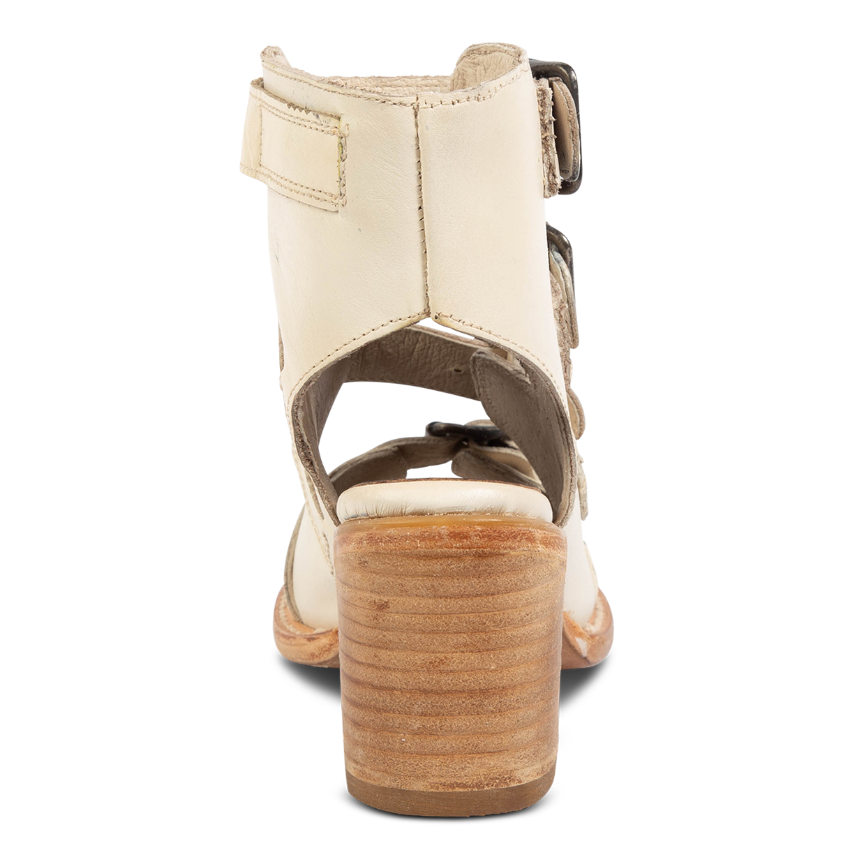 Back view leather cutout detailing and side buckle straps FREEBIRD women's Quail beige sandal