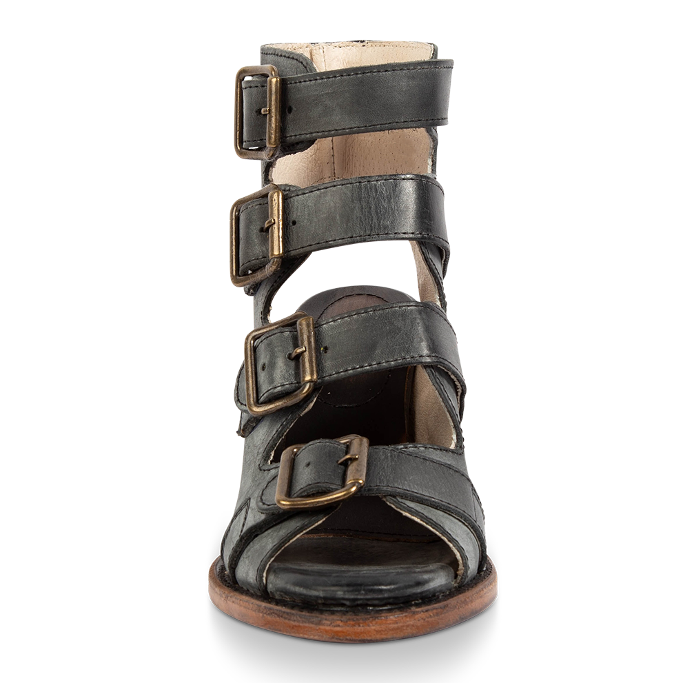Front view showing leather strap detailing and brass working buckles on FREEBIRD women's Quail black sandal