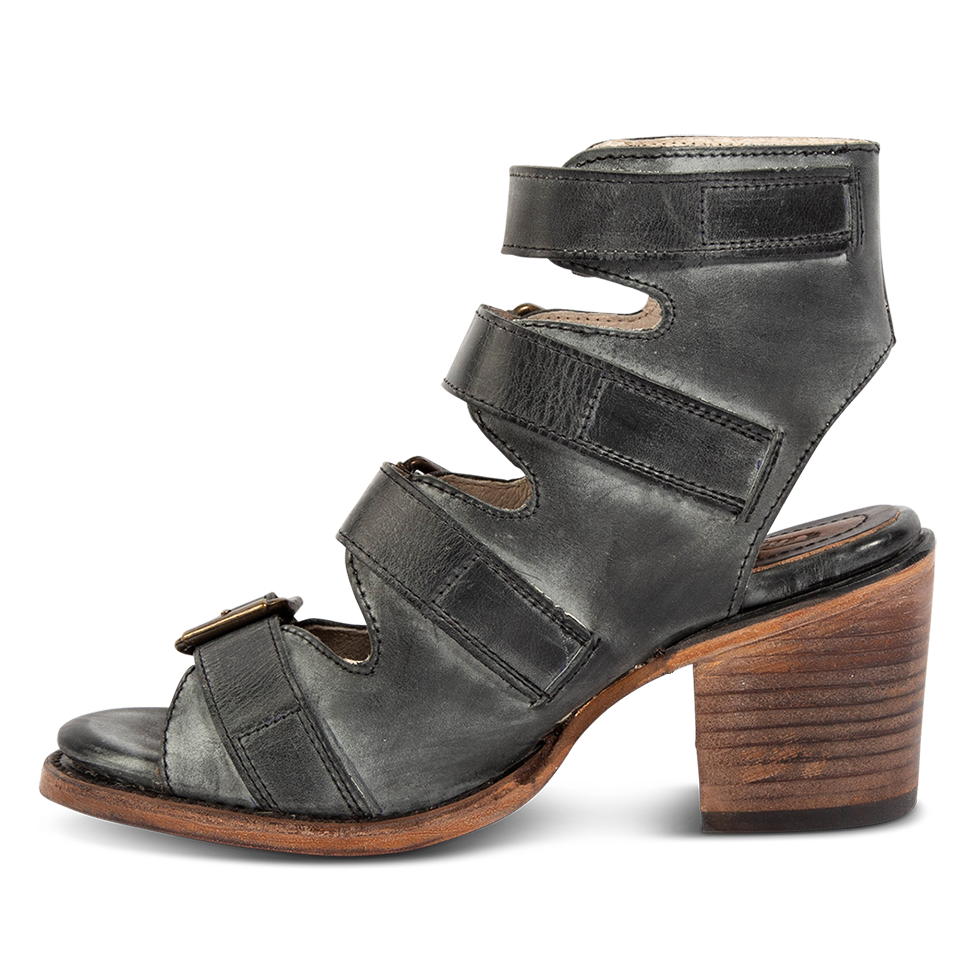 Inside view showing leather strap detailing FREEBIRD women's Quail black sandal
