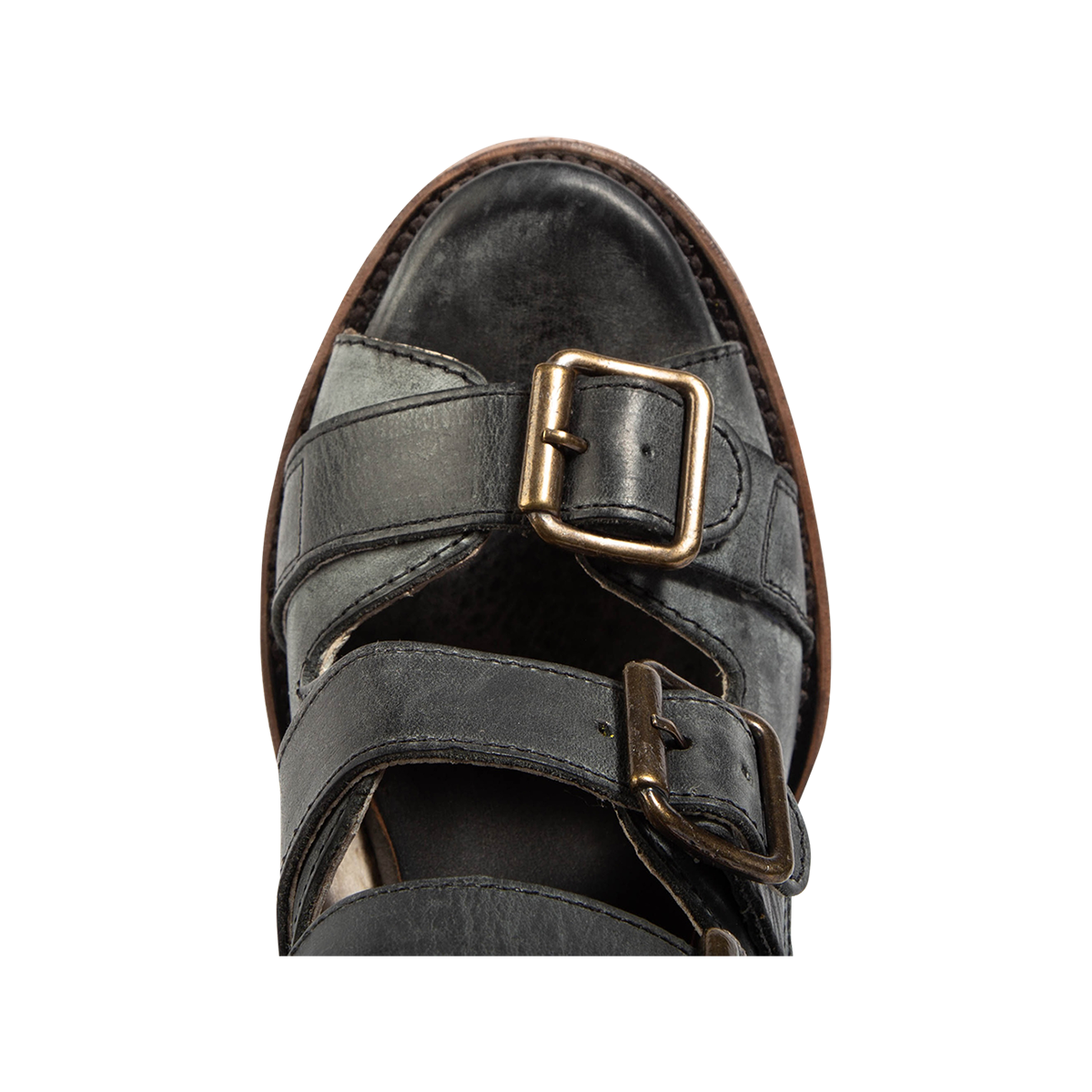Top view showing leather buckle strap detailing FREEBIRD women's Quail black sandal