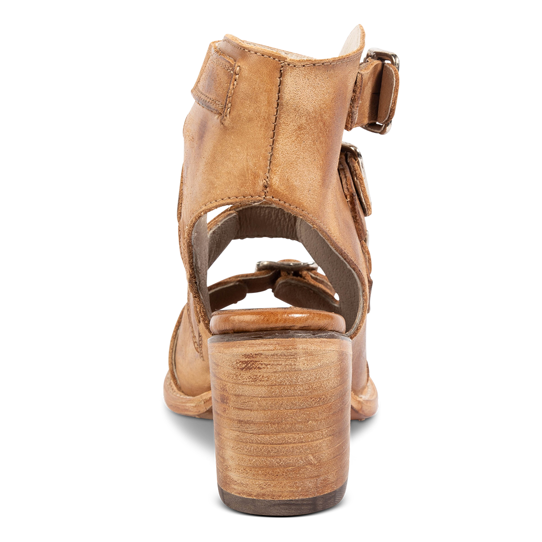 Back view leather cutout detailing and side buckle straps FREEBIRD women's Quail honey sandal