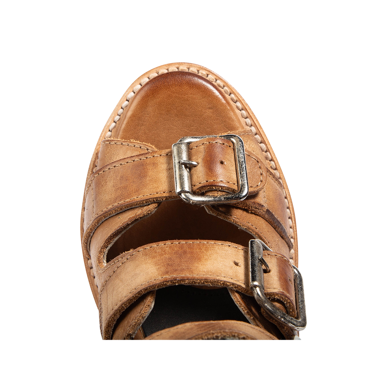 Top view showing leather buckle strap detailing FREEBIRD women's Quail honey sandal