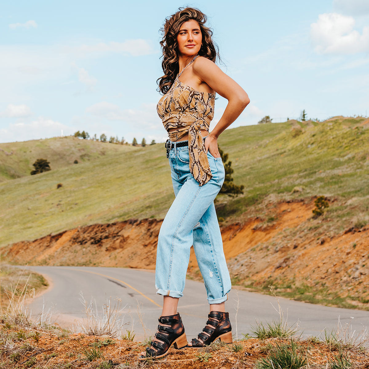 FREEBIRD women's Quinn black sandal with straps, metal buckles and mid-heel lifestyle