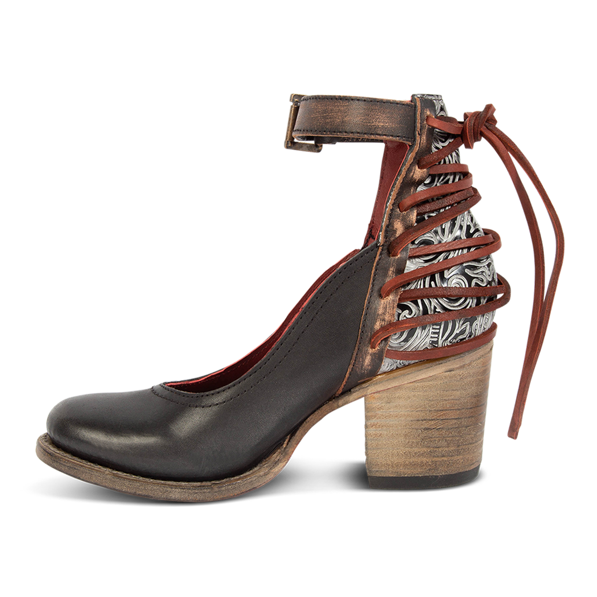 Inside view showing wood wrapped heel with adjustable leather ankle strap on FREEBIRD women's Raeanne black multi shoe