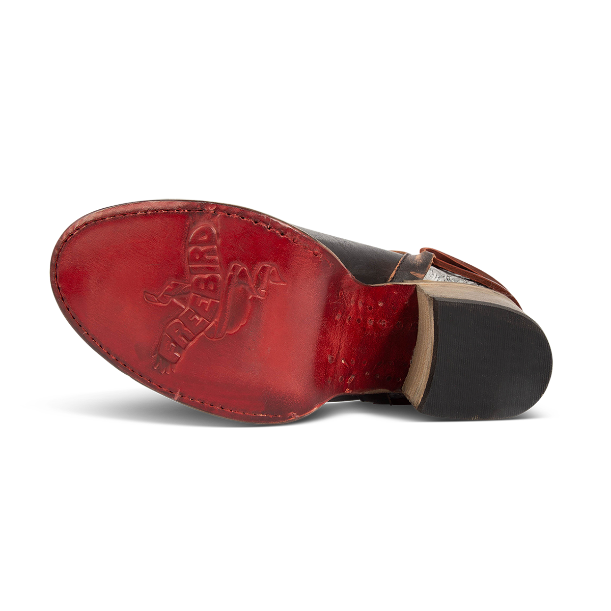 Red leather sole imprinted with FREEBIRD on women's Raeanne black multi shoe