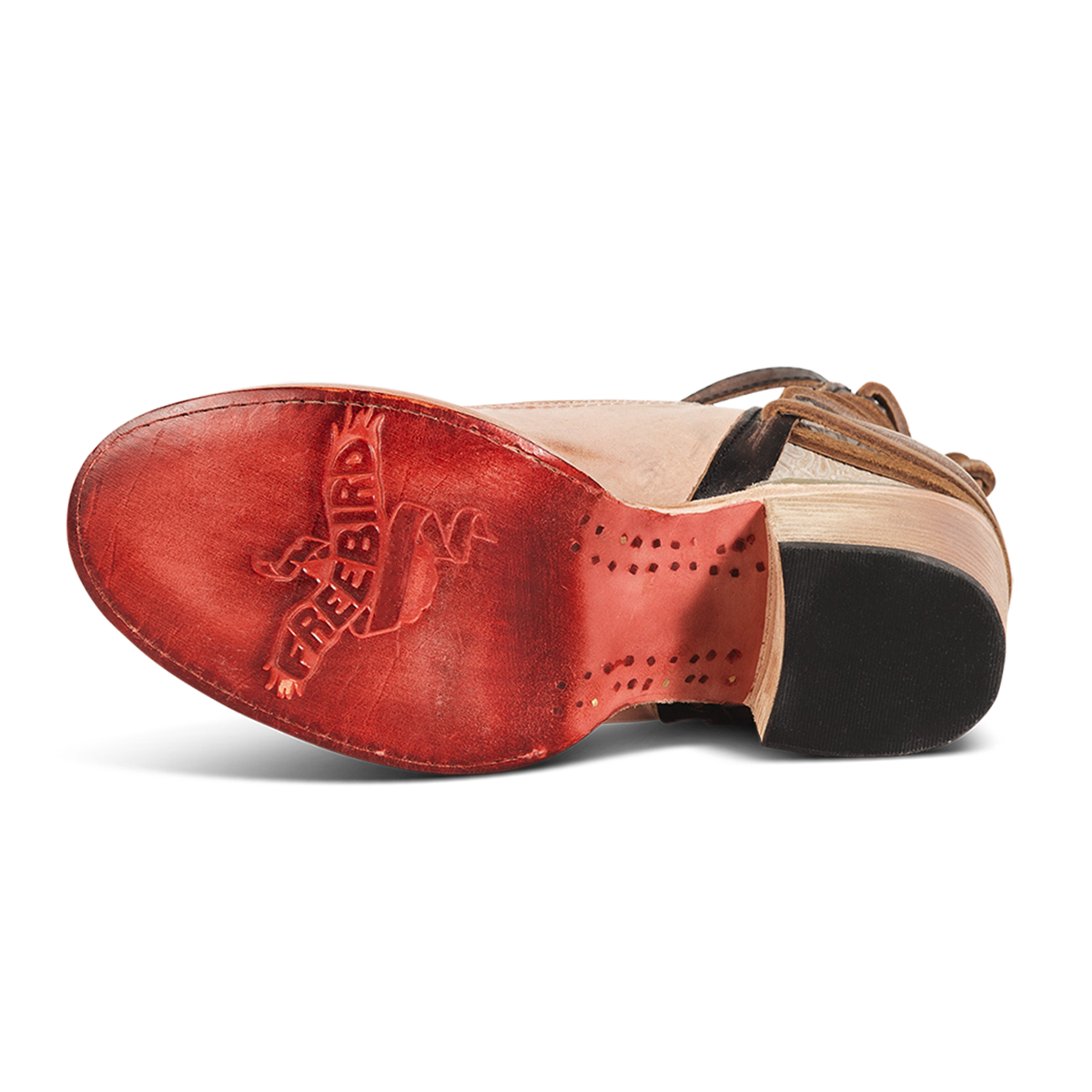 Red leather sole imprinted with FREEBIRD on women's Raeanne black multi taupe shoe
