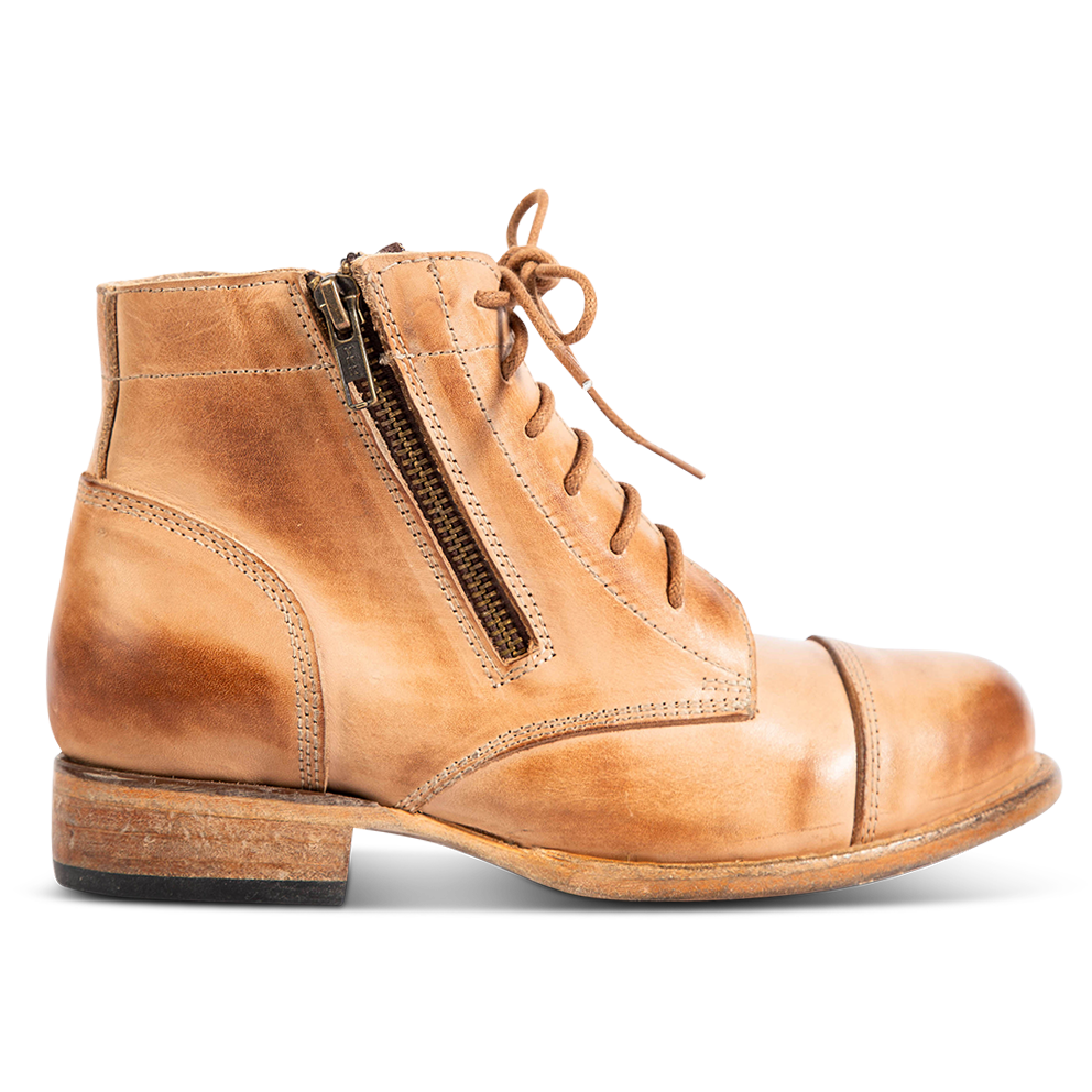 FREEBIRD women's Rafter beige leather bootie with inside brass zipper, low heel and round toe.