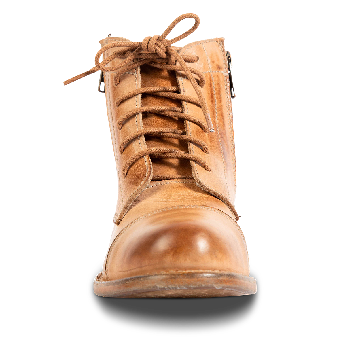Front view showing FREEBIRD women's Rafter beige leather bootie with front lacing and round toe