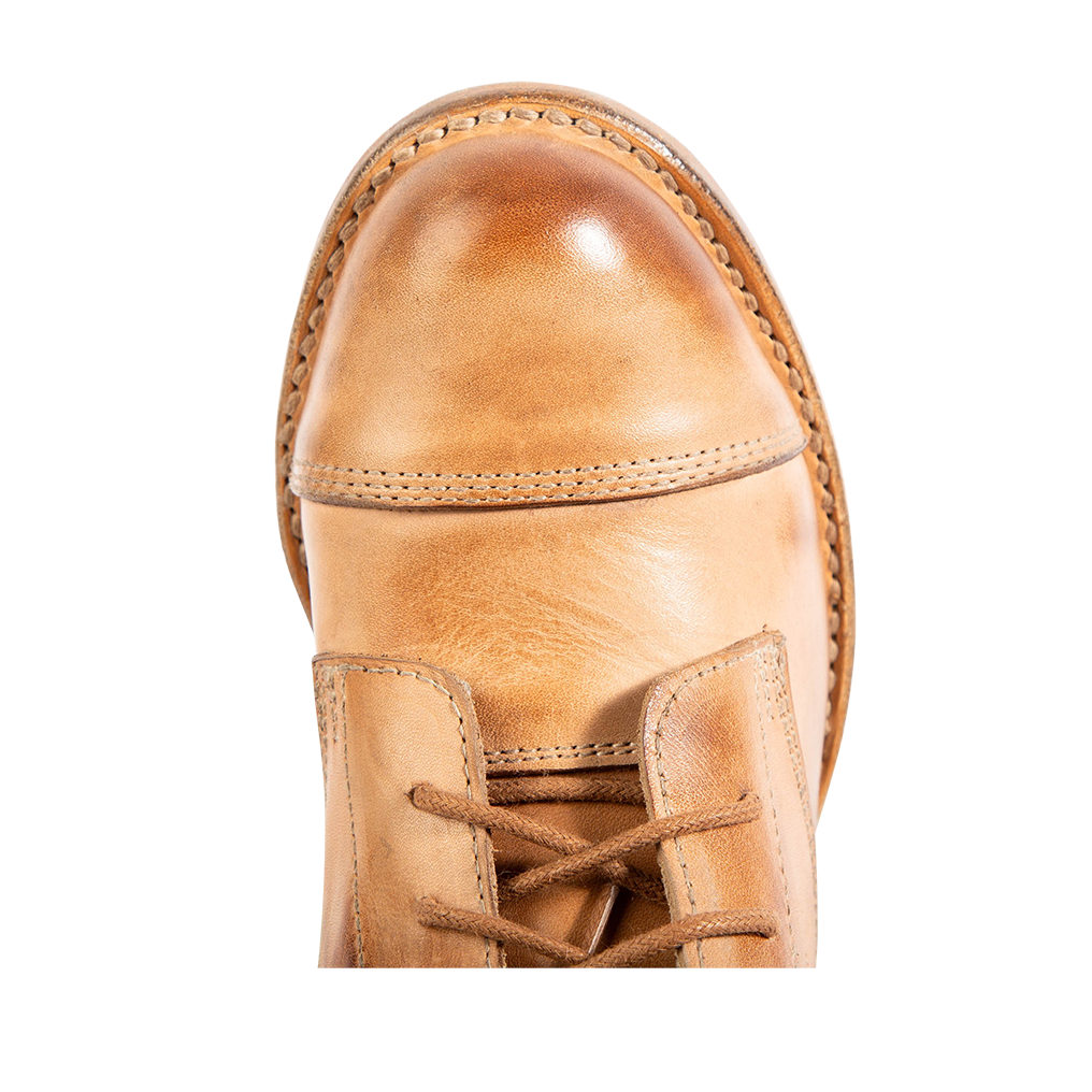 Top view showing round toe and front lacing on FREEBIRD women's Rafter beige leather bootie