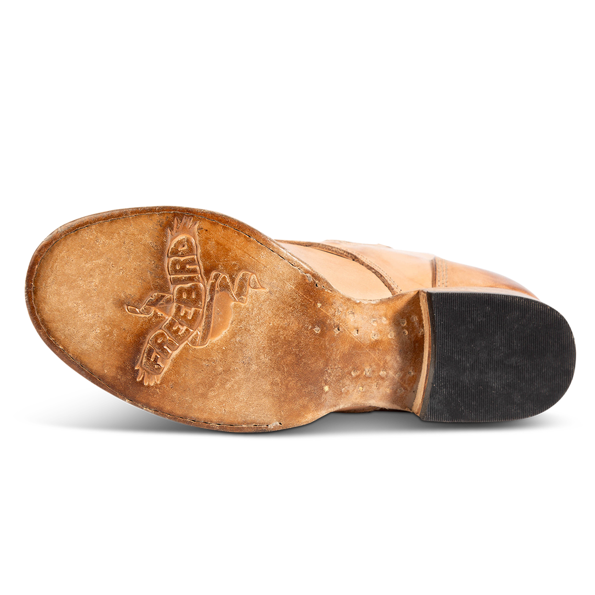 Leather sole imprinted with FREEBIRD on women's Rafter beige leather bootie