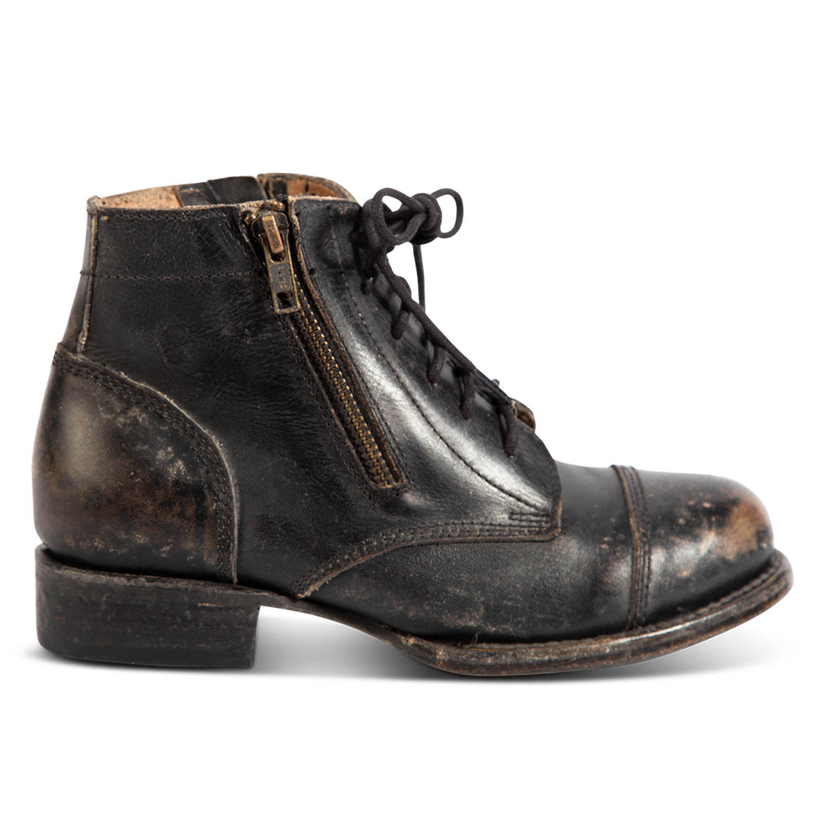 FREEBIRD women's Rafter black leather bootie with inside brass zipper, low heel and round toe.