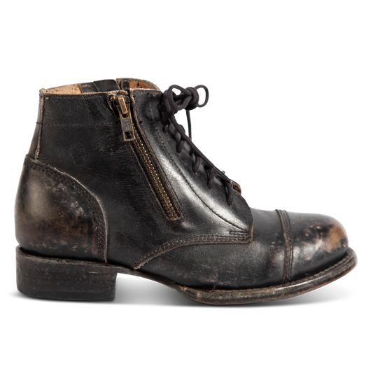 FREEBIRD women's Rafter black leather bootie with inside brass zipper, low heel and round toe.