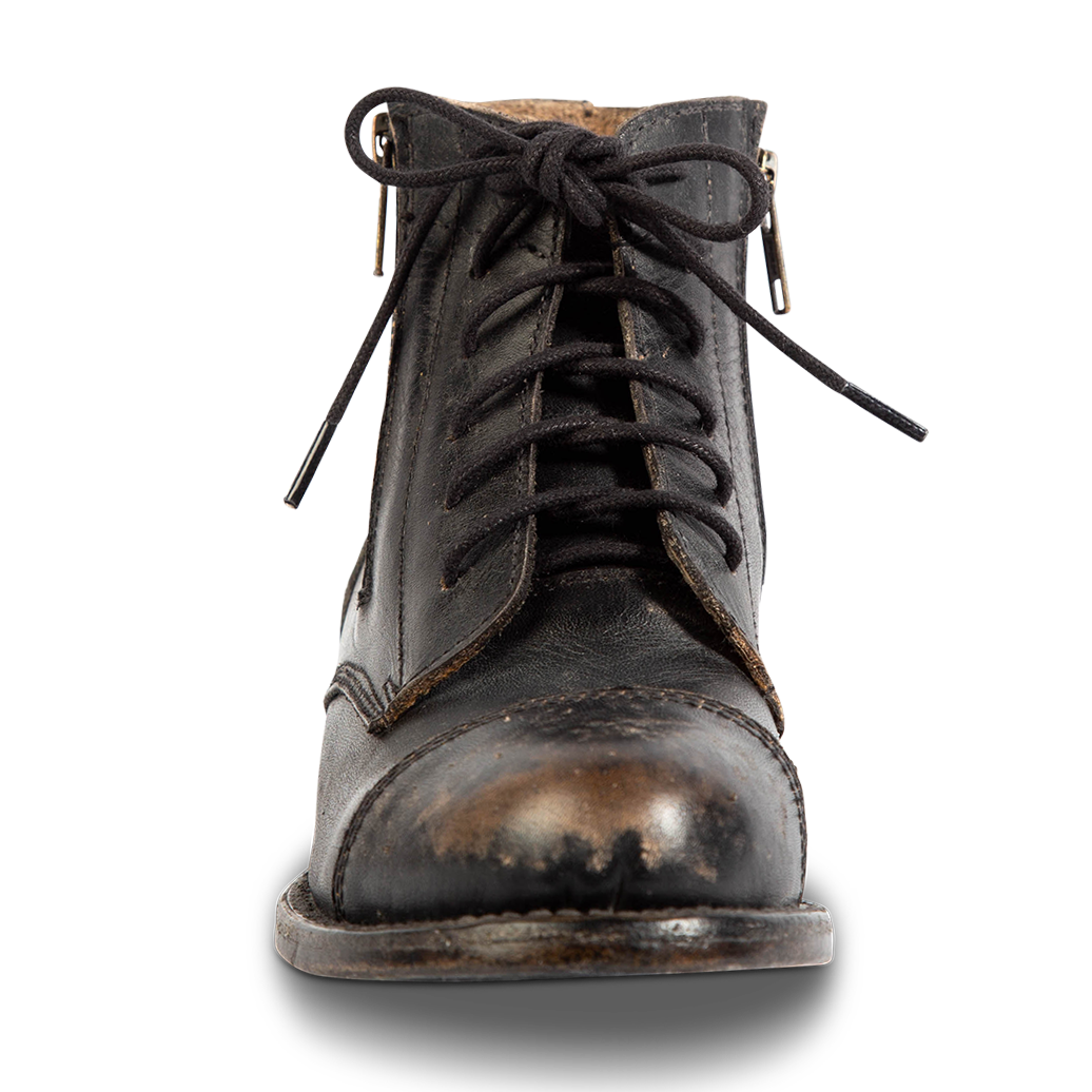 Front view showing FREEBIRD women's Rafter black leather bootie with front lacing and round toe
