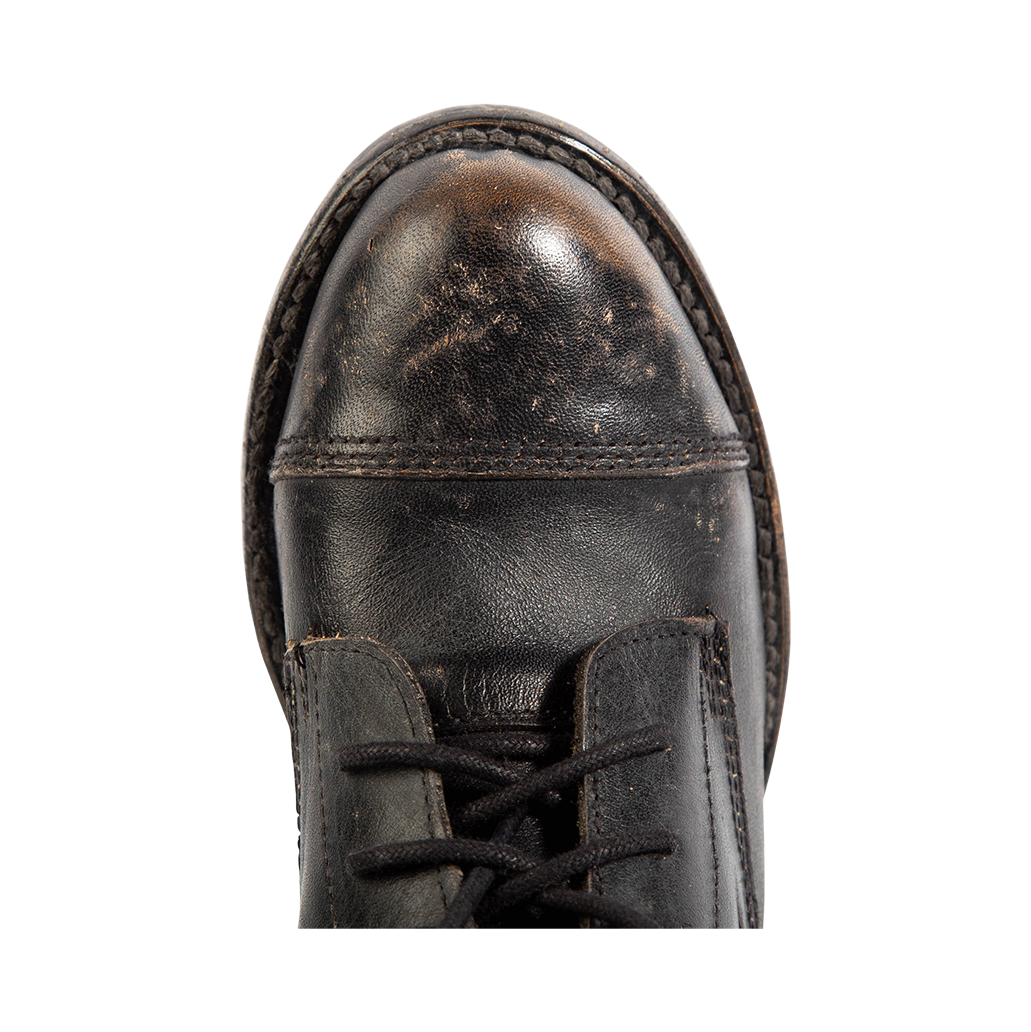 Top view showing round toe and front lacing on FREEBIRD women's Rafter black leather bootie