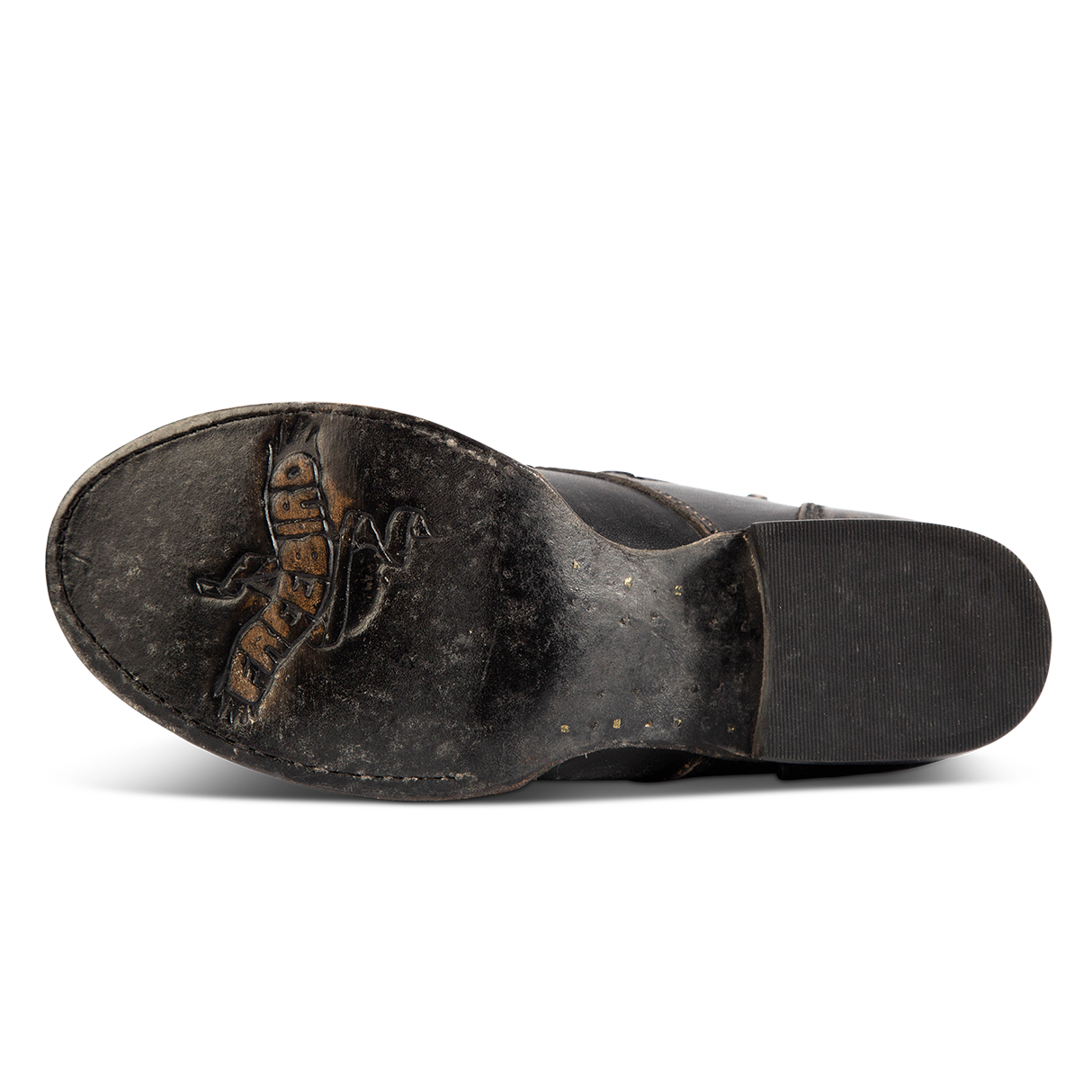 Leather sole imprinted with FREEBIRD on women's Rafter beige leather bootie