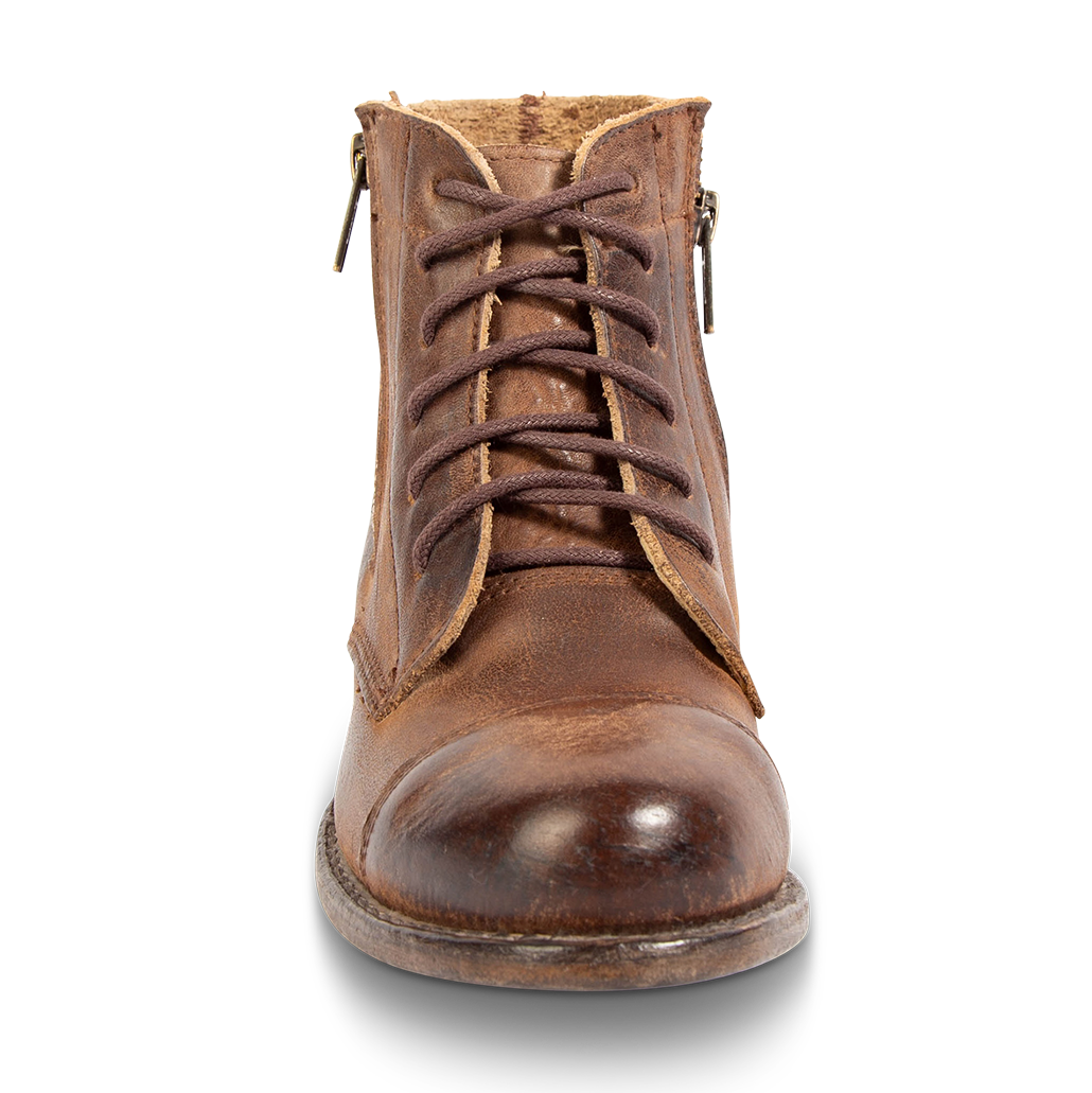 Front view showing FREEBIRD women's Rafter cognac leather bootie with front lacing and round toe