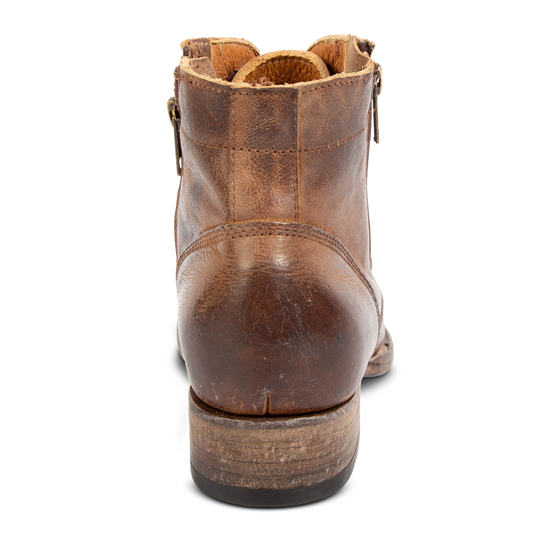Back view showing FREEBIRD women's Rafter cognac leather bootie low heel