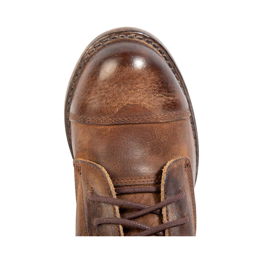 Top view showing round toe and front lacing on FREEBIRD women's Rafter cognac leather bootie