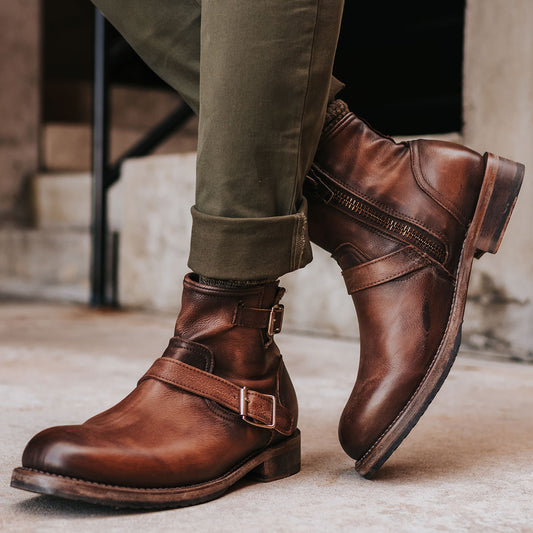 FREEBIRD men's Railroad brown distressed inside zip low heel ankle boot with almond toe