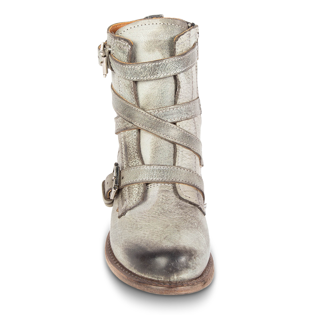 Front view showing almond toe, leather overlays and leather tongue on FREEBIRD women's Raine stone leather bootie