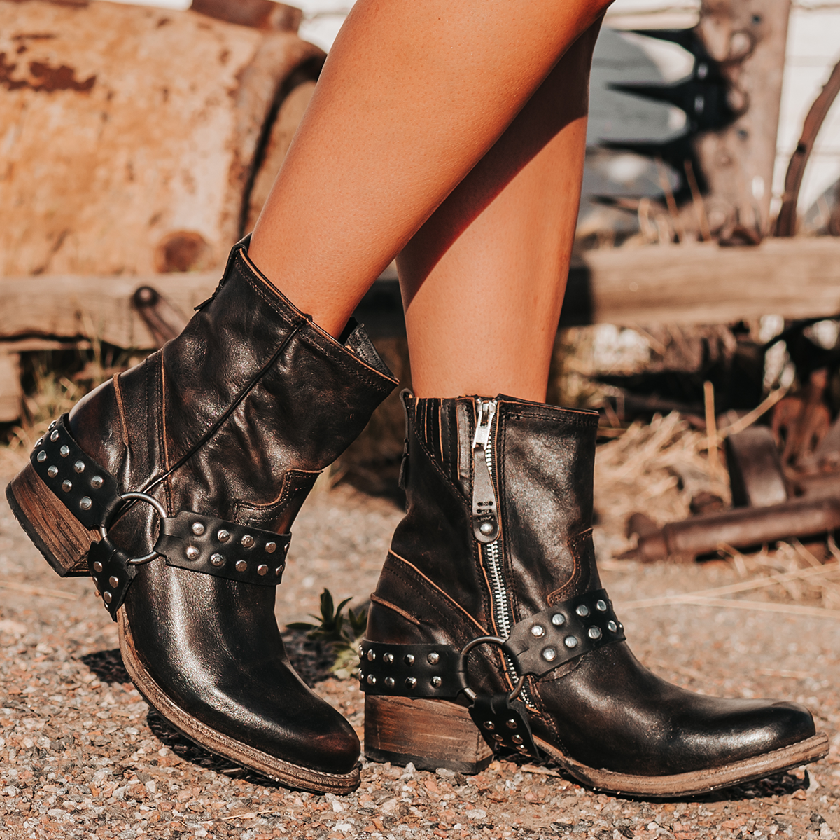 FREEBIRD women's Ramone black full grain leather western crown bootie with inside zip closure and embellished harness