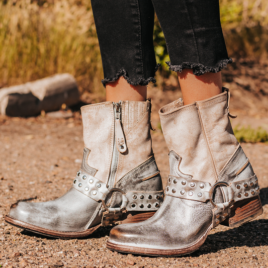 FREEBIRD women's Ramone ice multi full grain leather western crown bootie with inside zip closure and embellished harness