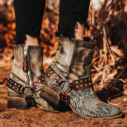 FREEBIRD women's Ramone olive multi full grain leather western crown bootie with inside zip closure and embellished harness