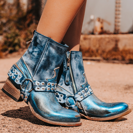 FREEBIRD women's Ramone royal multi full grain leather western crown bootie with inside zip closure and embellished harness