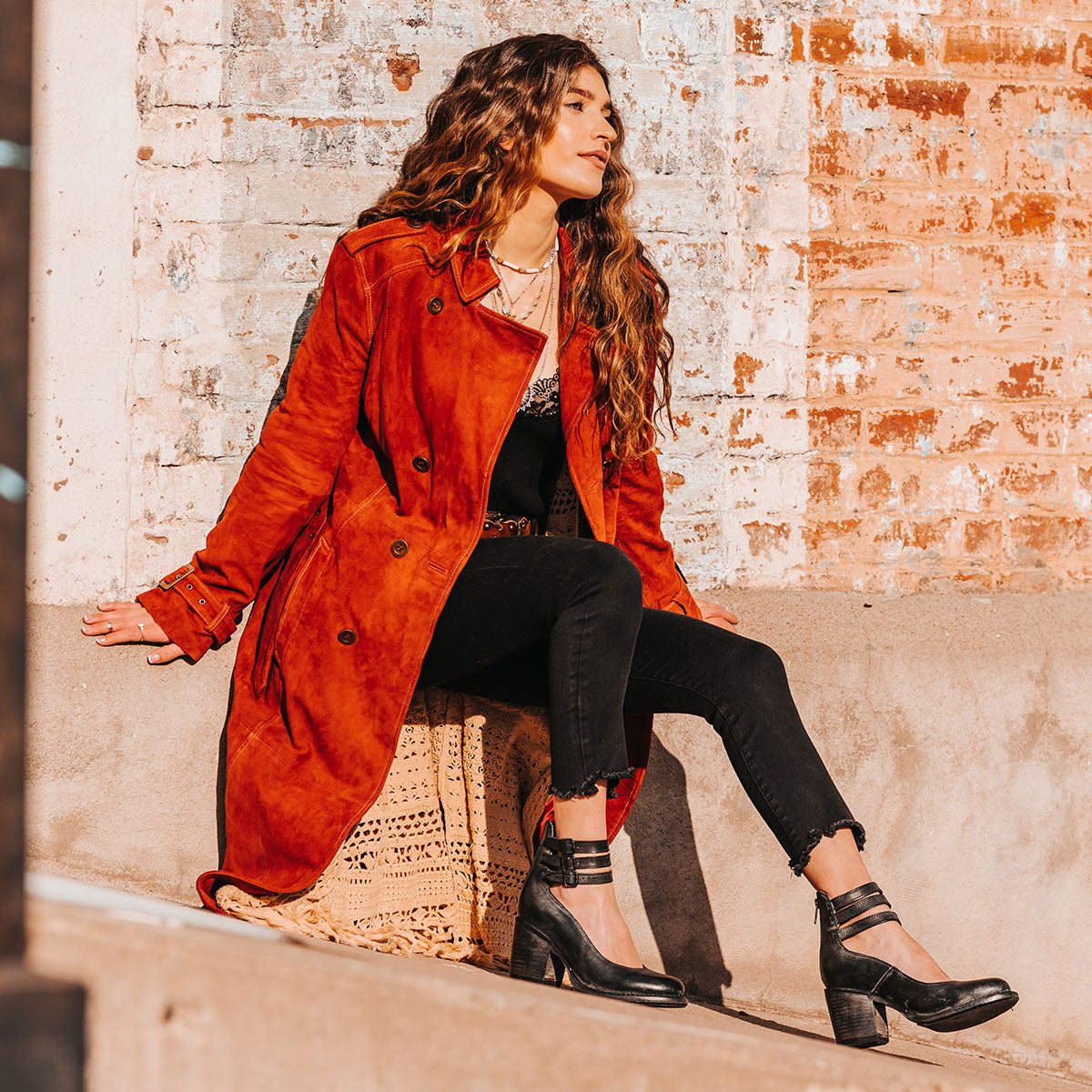 FREEBIRD women's Randi black leather open construction ankle strap heel with adjustable rustic buckles lifestyle image