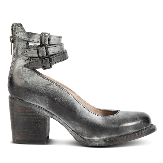 FREEBIRD women's Randi black leather open construction ankle strap heel with adjustable rustic buckles
