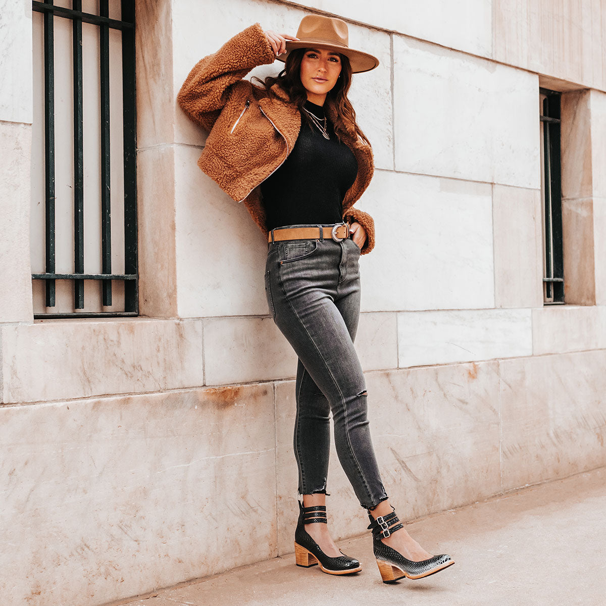 FREEBIRD women's Randi black snake embossed leather open construction ankle strap heel with adjustable rustic buckles lifestyle image