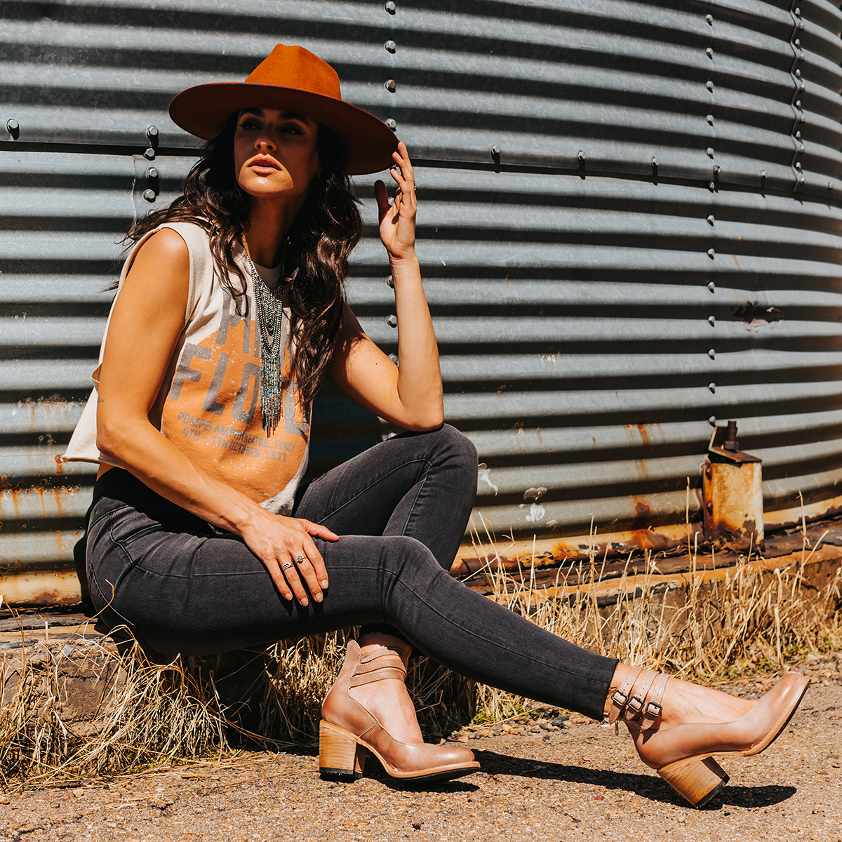 FREEBIRD women's Randi blush embossed leather open construction ankle strap heel with adjustable rustic buckles lifestyle