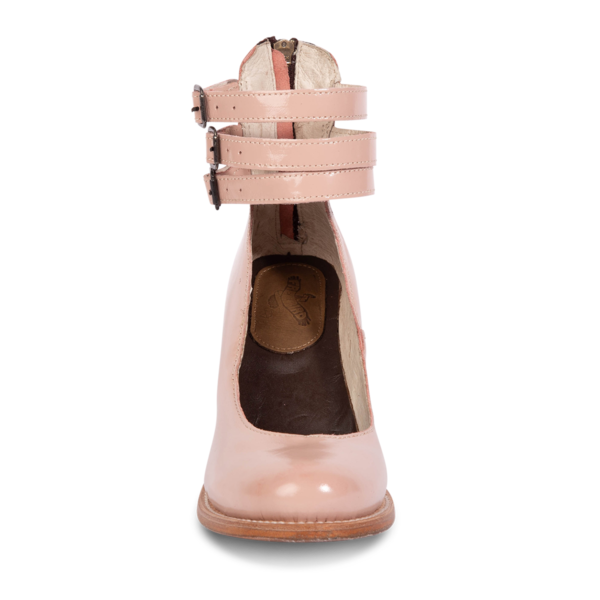Front view showing Freebird women's RANDI blush patent leather ankle strap heels with a round toe, three adjustable metal buckles and freebird insole