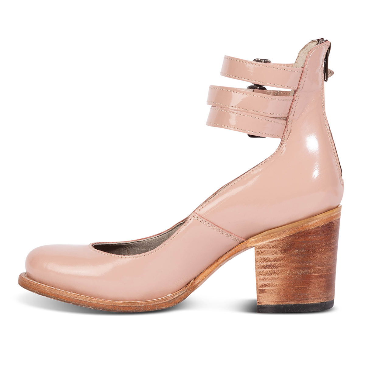 Inside view showing Freebird women's RANDI blush patent leather ankle strap heels with a round toe, three adjustable metal buckles and lifted heel