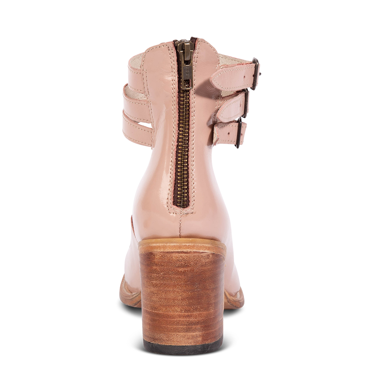 Back view showing Freebird women's RANDI blush patent leather ankle strap heels with a lifted heel and brass zipper