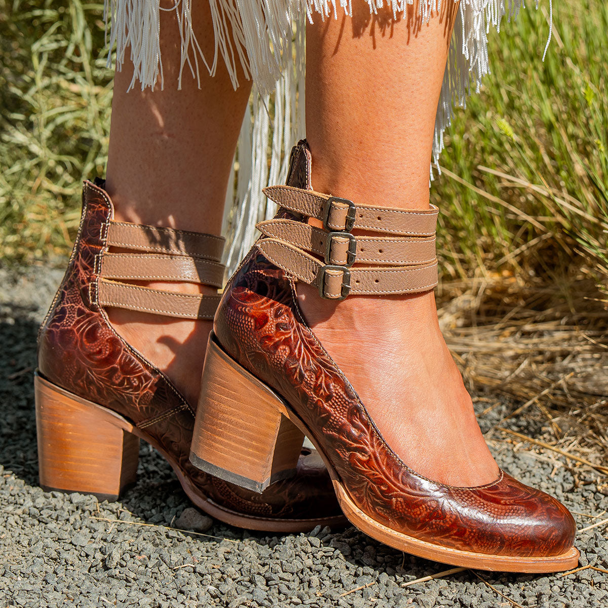 clay multi RANDI leather mid-heel shoes with open construction, triple ankle straps, and metallic buckles.