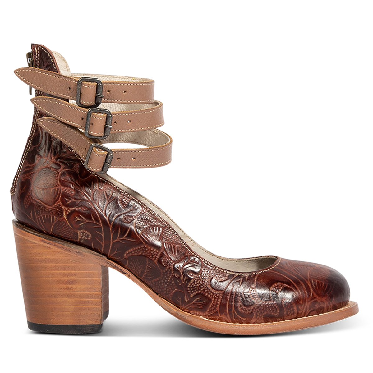 clay multi RANDI leather mid-heel shoes with open construction, triple ankle straps, and metallic buckles.