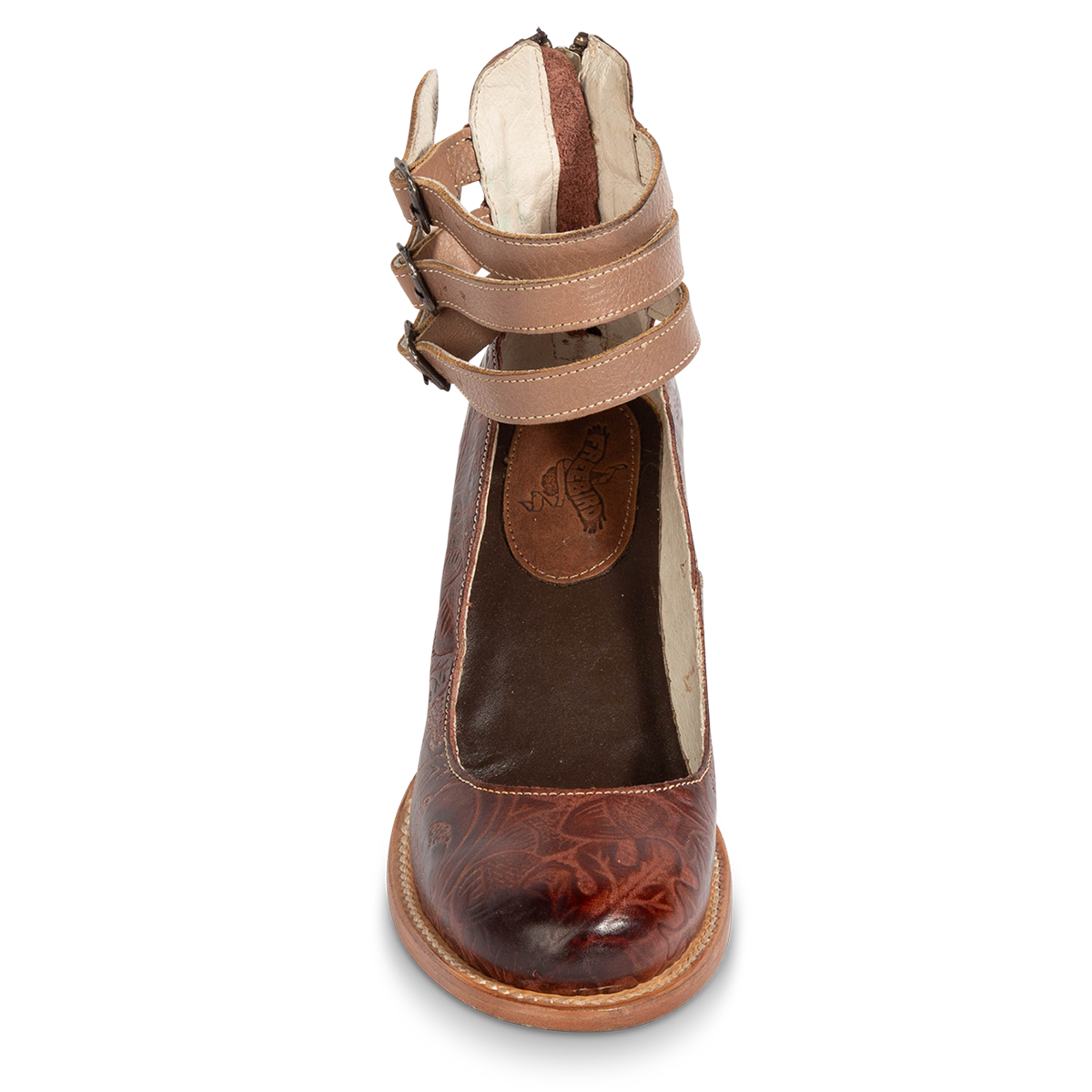 Front view showing open construction and three adjustable ankle straps on FREEBIRD women’s Randi clay multi leather shoe