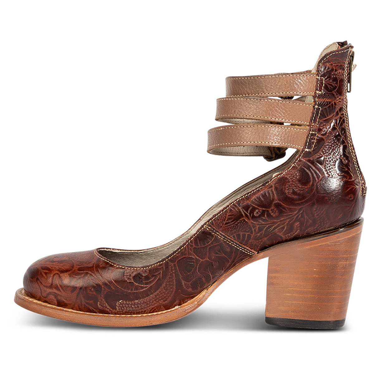 Inside view showing an open construction and lifted heel with three adjustable ankle straps on FREEBIRD women’s Randi clay multi leather shoe
