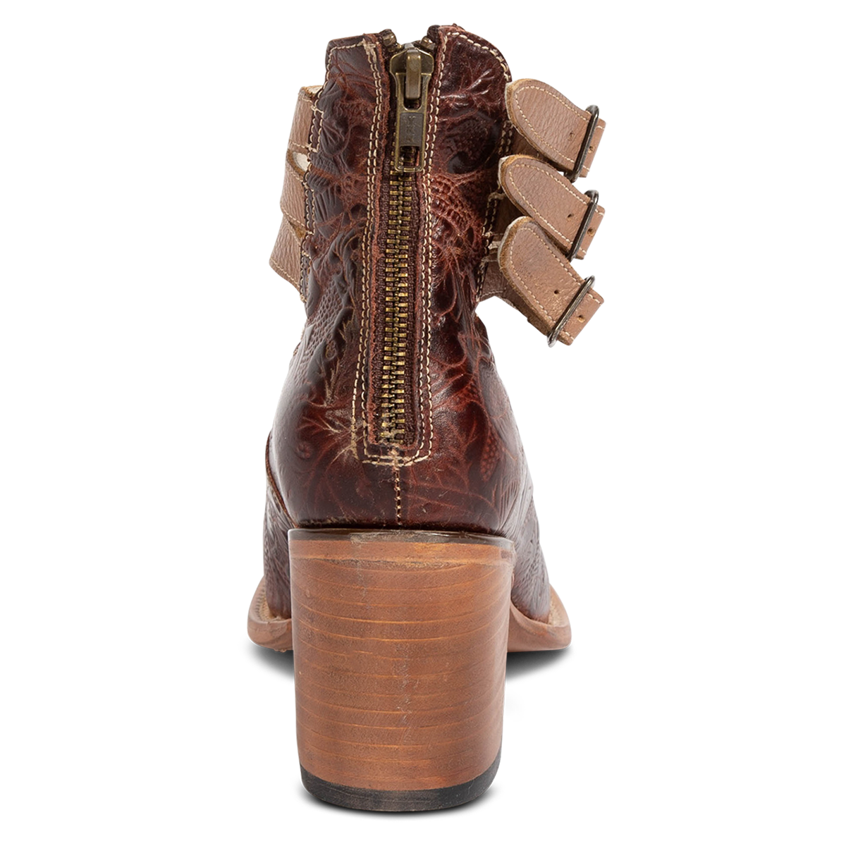 Back view showing working brass zip closure on FREEBIRD women’s Randi clay multi leather shoe