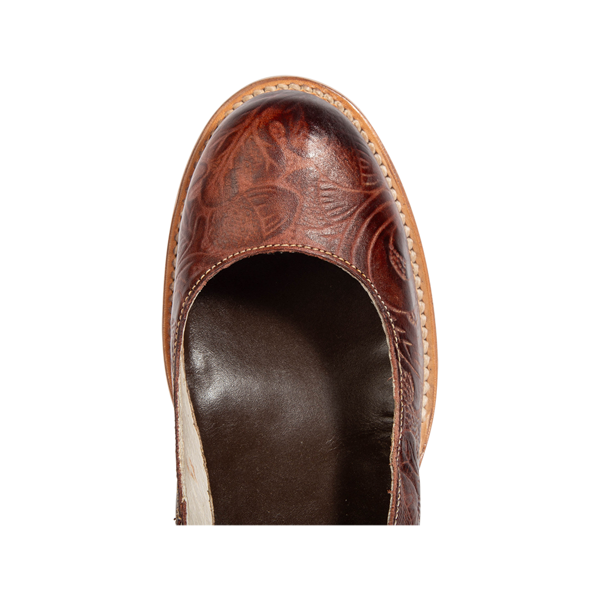 Top view showing round toe and open construction on FREEBIRD women’s Randi clay multi leather shoe