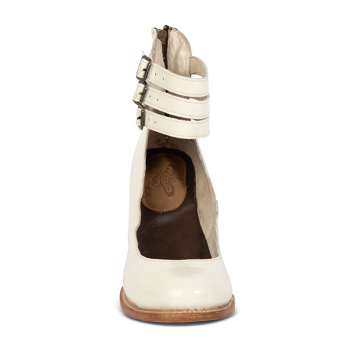 Front view showing Freebird women's RANDI cream patent leather ankle strap heels with a round toe, three adjustable metal buckles and freebird insole