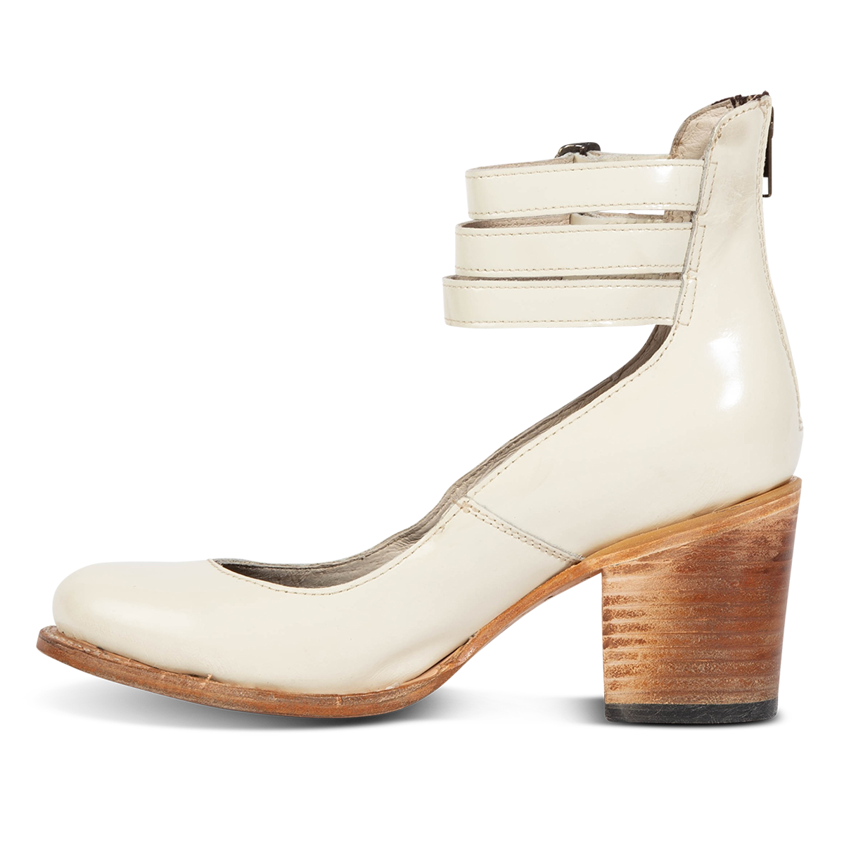 Inside view showing Freebird women's RANDI cream patent leather ankle strap heels with a round toe, three adjustable metal buckles and lifted heel