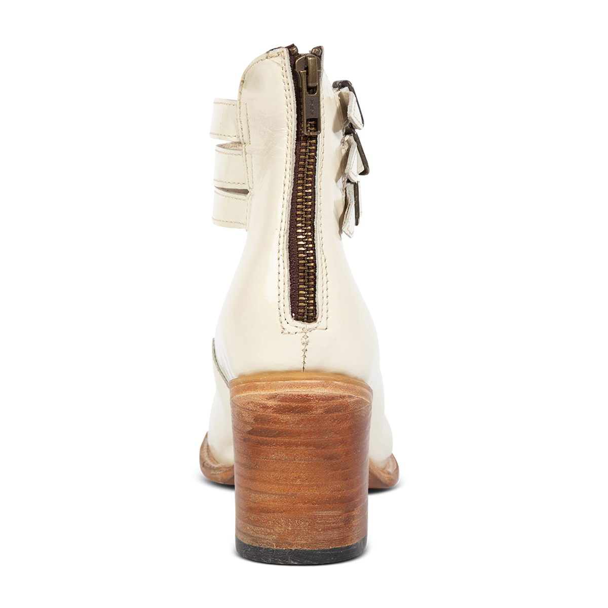 Back view showing Freebird women's RANDI cream patent leather ankle strap heels with a lifted heel and brass zipper