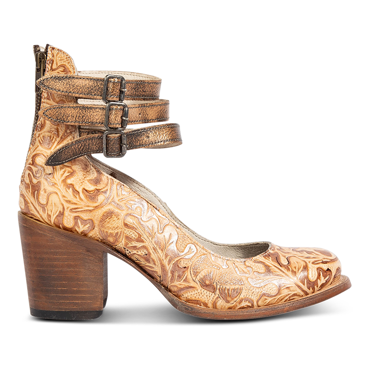 gold multi RANDI leather mid-heel shoes with open construction, triple ankle straps, and metallic buckles.