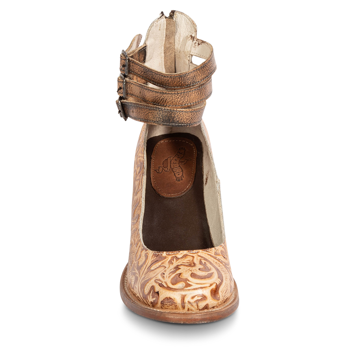 Front view showing open construction and three adjustable ankle straps on FREEBIRD women’s Randi gold multi leather shoe