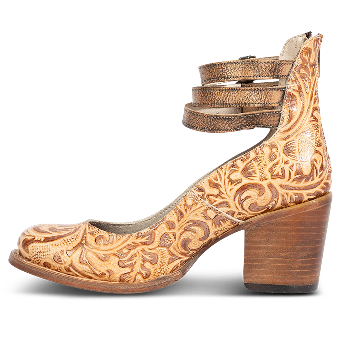 Inside view showing an open construction and lifted heel with three adjustable ankle straps on FREEBIRD women’s Randi gold multi leather shoe