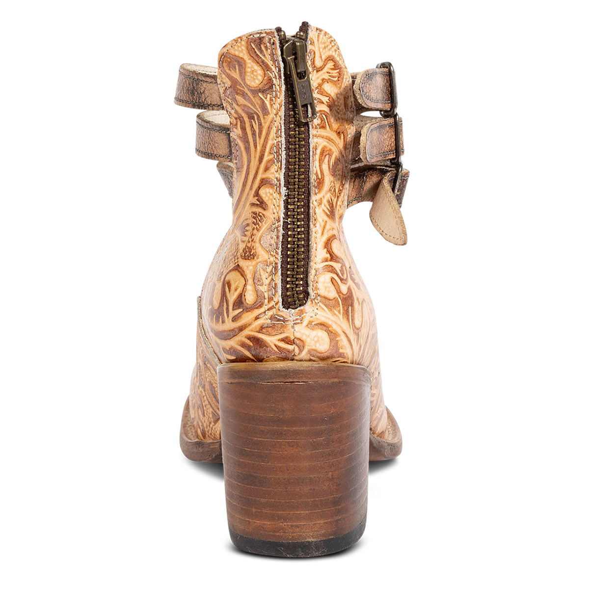 Back view showing working brass zip closure on FREEBIRD women’s Randi gold multi leather shoe