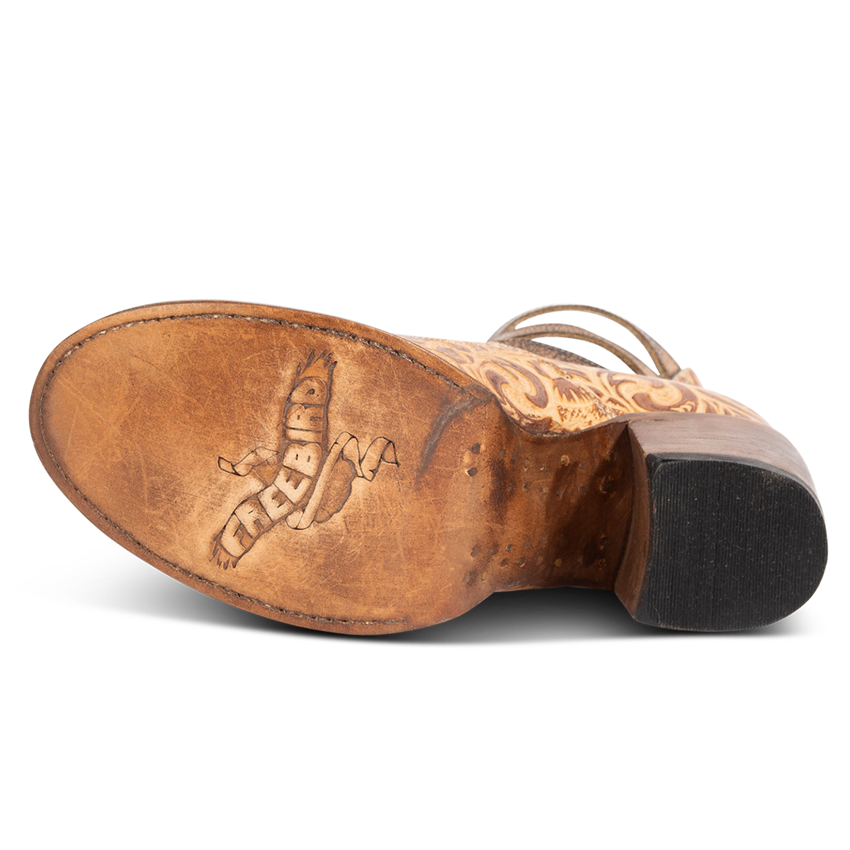 Leather sole imprinted with FREEBIRD on women’s Randi gold multi leather shoe